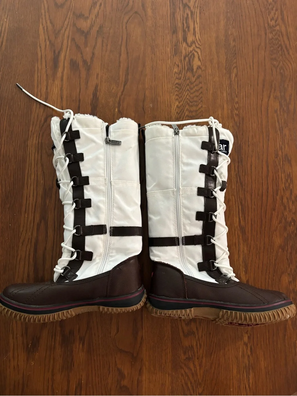 Pajar White and Brown Tall Lace-Up Winter Boots with Sherpa Trim